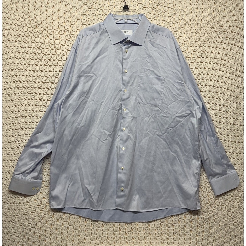 Eton Dress Shirt Mens Sz 47 18.5 Blue Classic 100%Cotton Button Up Long Sleeve